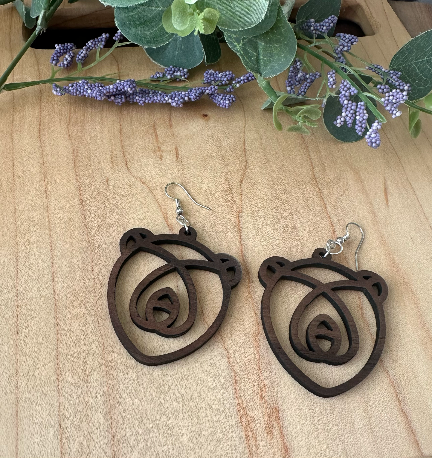 Wooden Bear Line Art Earrings, Walnut and Cherry Wooden Earrings