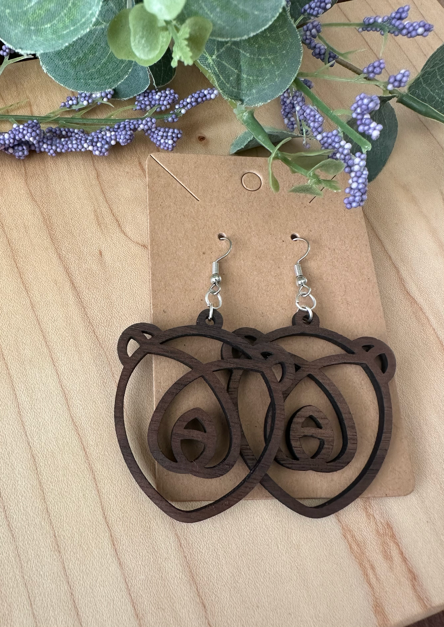 Wooden Bear Line Art Earrings, Walnut and Cherry Wooden Earrings