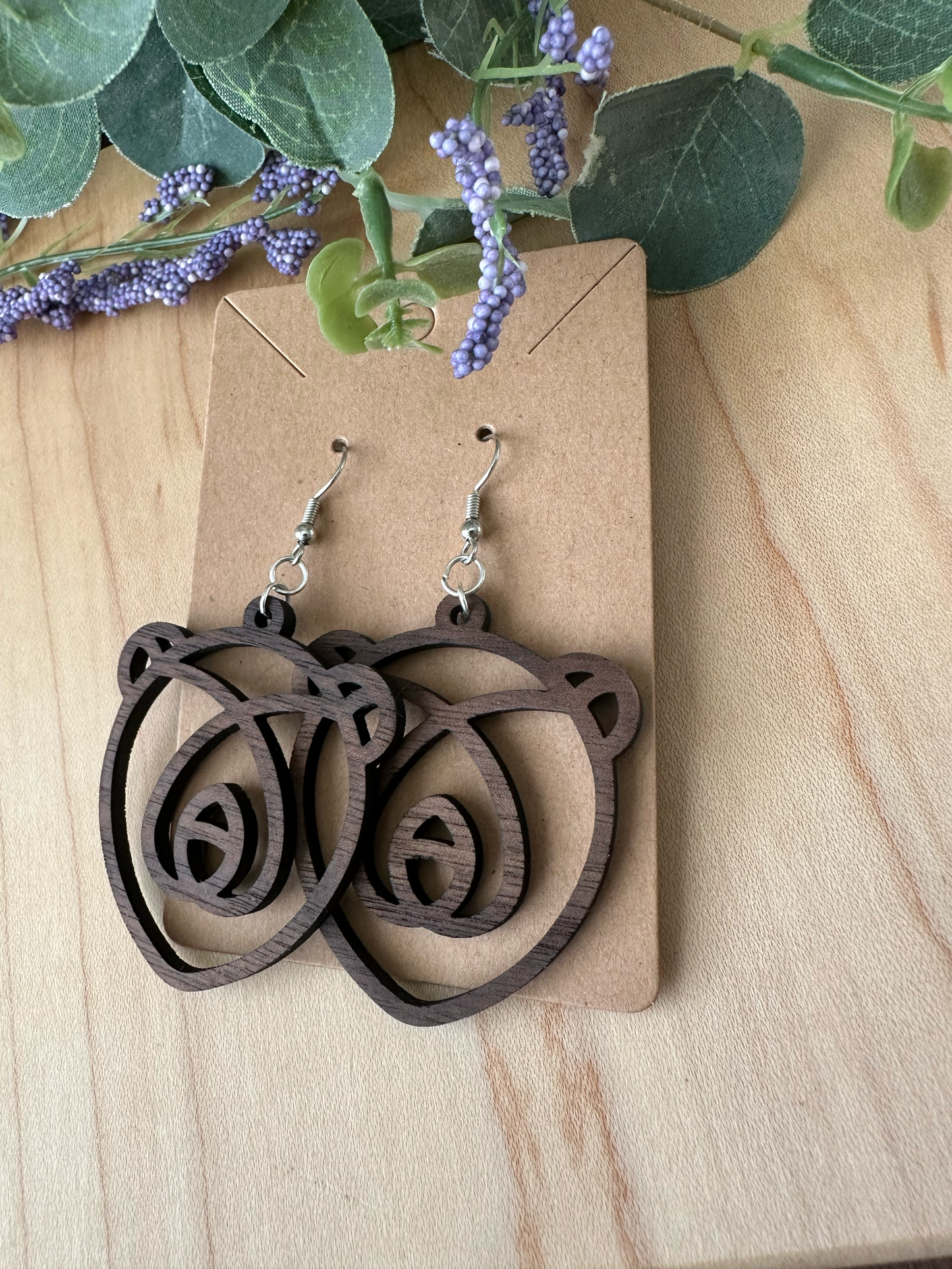 Wooden Bear Line Art Earrings, Walnut and Cherry Wooden Earrings