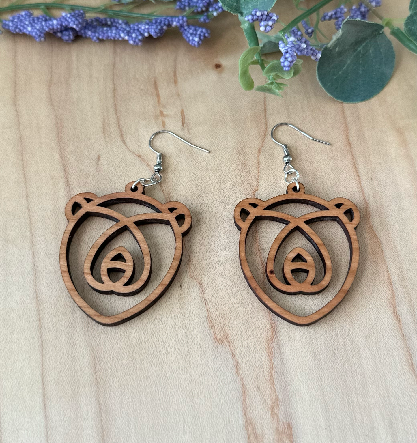 Wooden Bear Line Art Earrings, Walnut and Cherry Wooden Earrings
