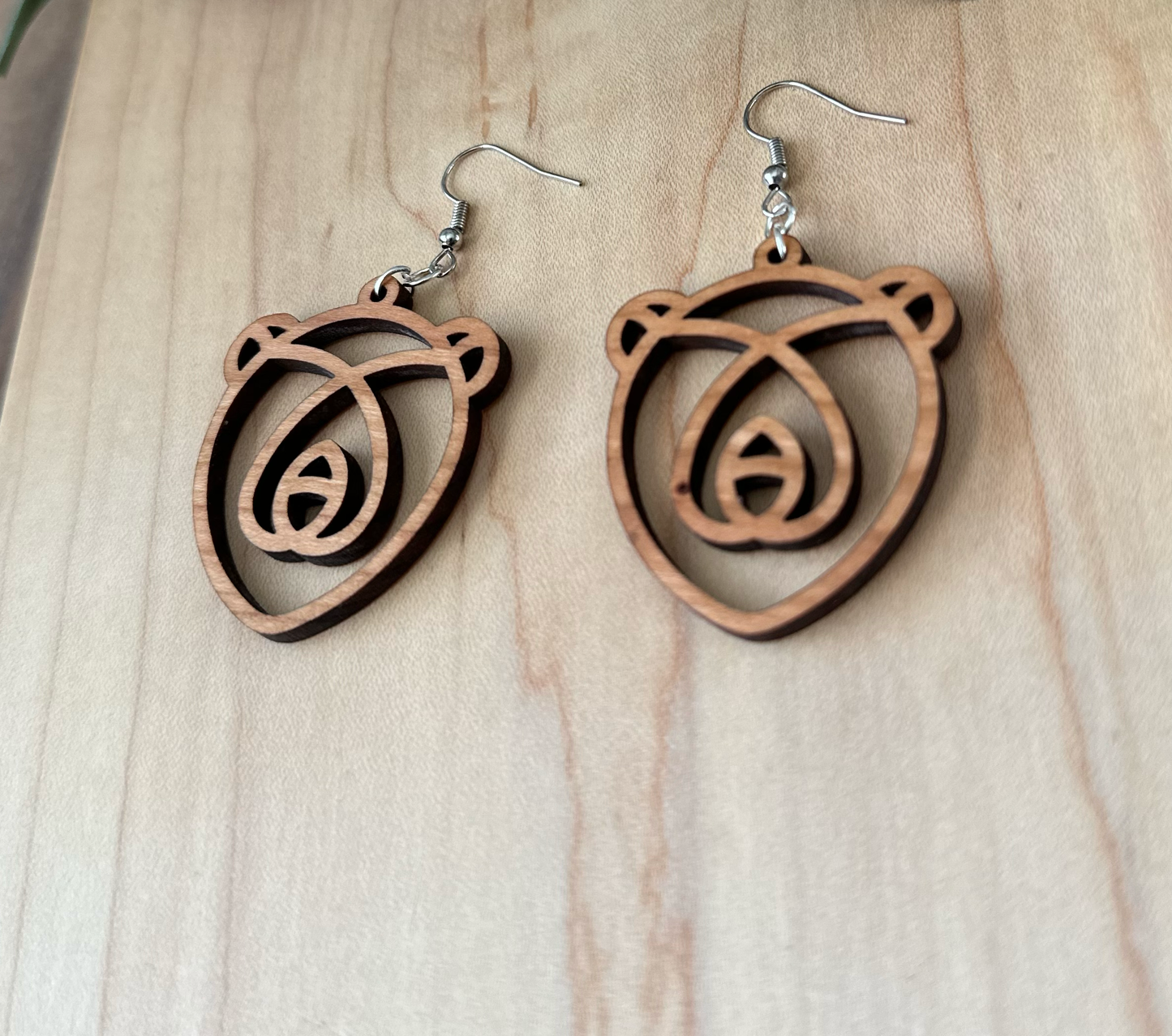 Wooden Bear Line Art Earrings, Walnut and Cherry Wooden Earrings