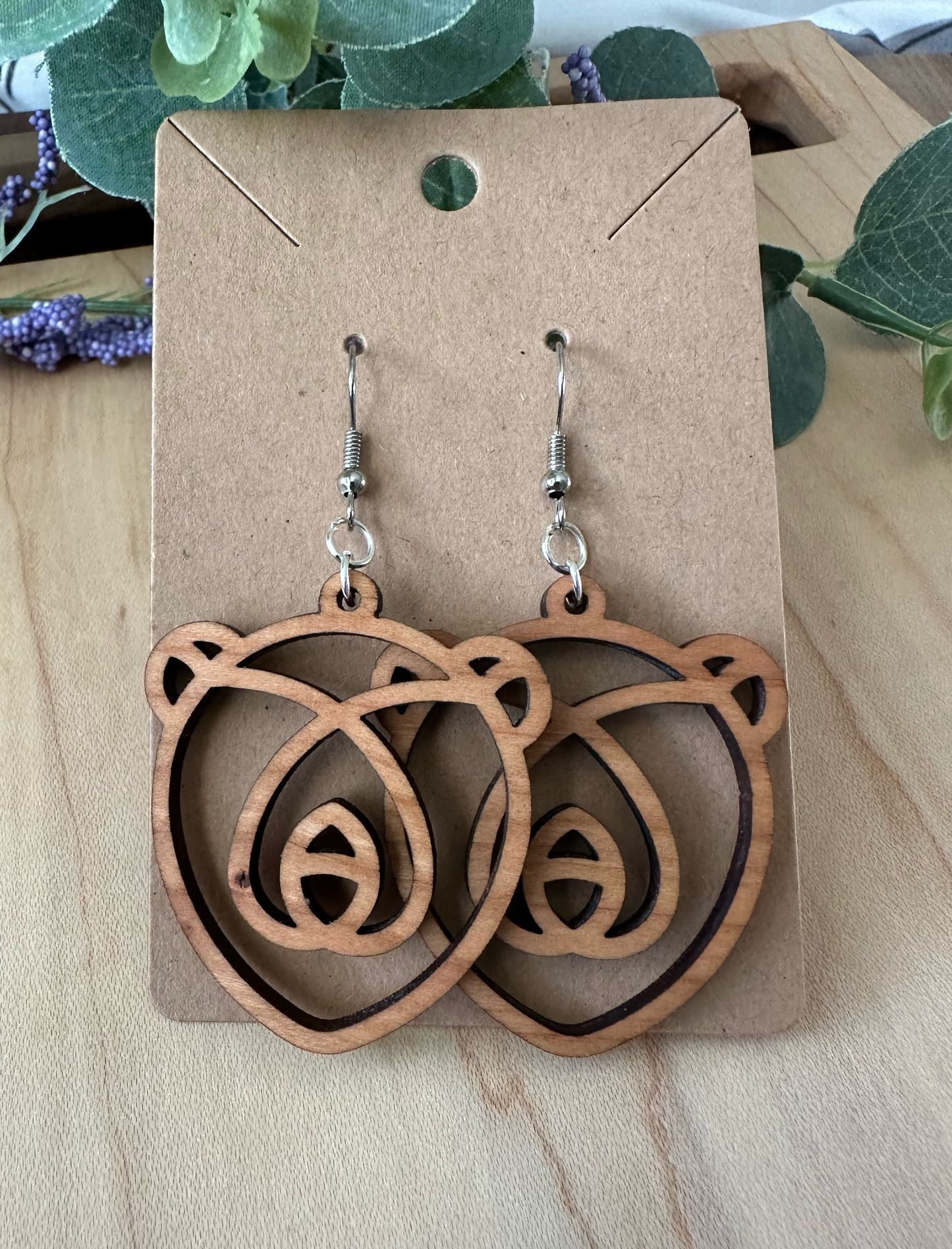 Wooden Bear Line Art Earrings, Walnut and Cherry Wooden Earrings