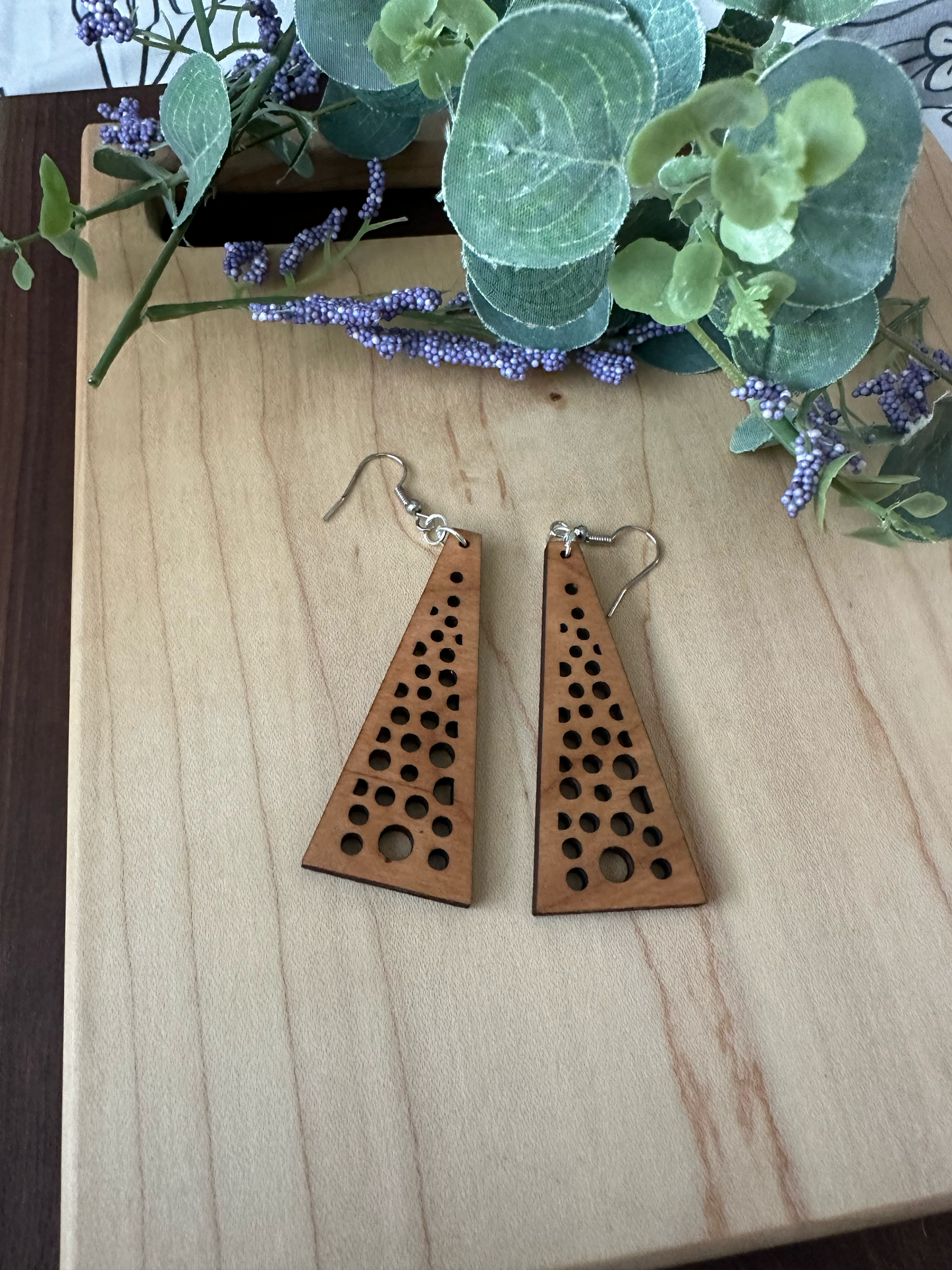 Geometric Triangle Design Wooden Earrings, Walnut and Cherry Wood