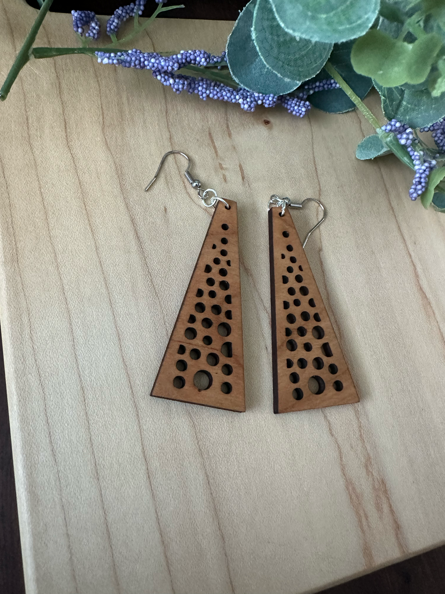 Geometric Triangle Design Wooden Earrings, Walnut and Cherry Wood