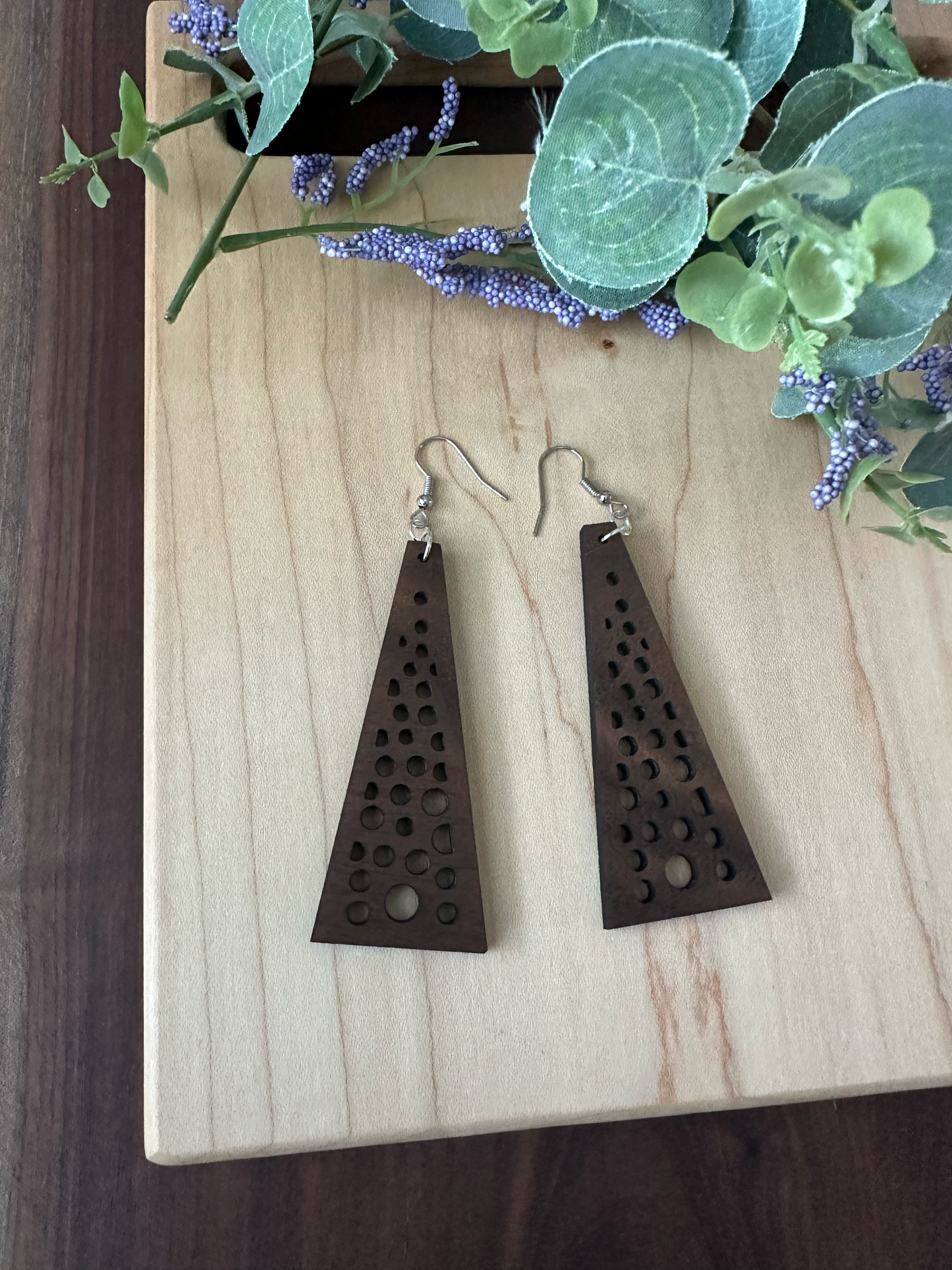 Geometric Triangle Design Wooden Earrings, Walnut and Cherry Wood
