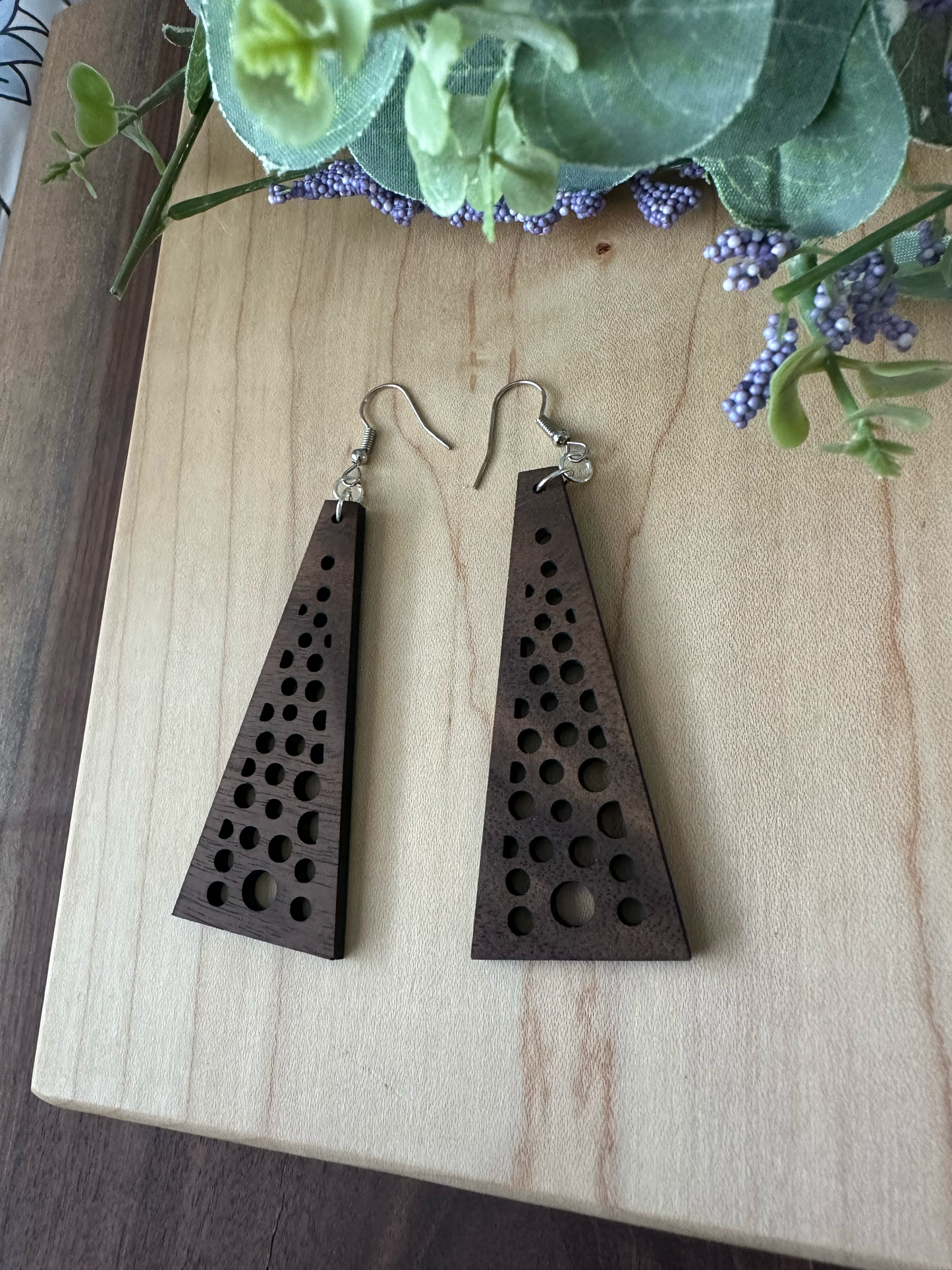 Geometric Triangle Design Wooden Earrings, Walnut and Cherry Wood