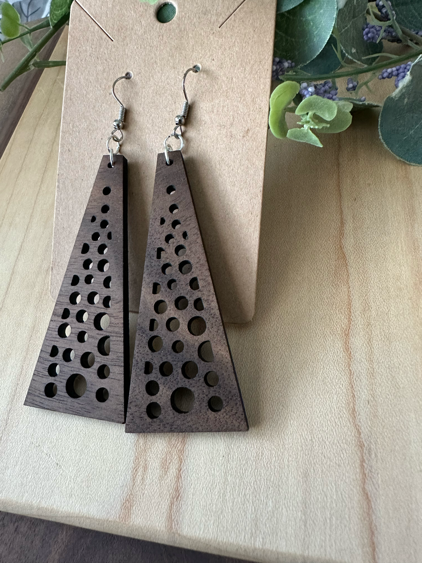 Geometric Triangle Design Wooden Earrings, Walnut and Cherry Wood