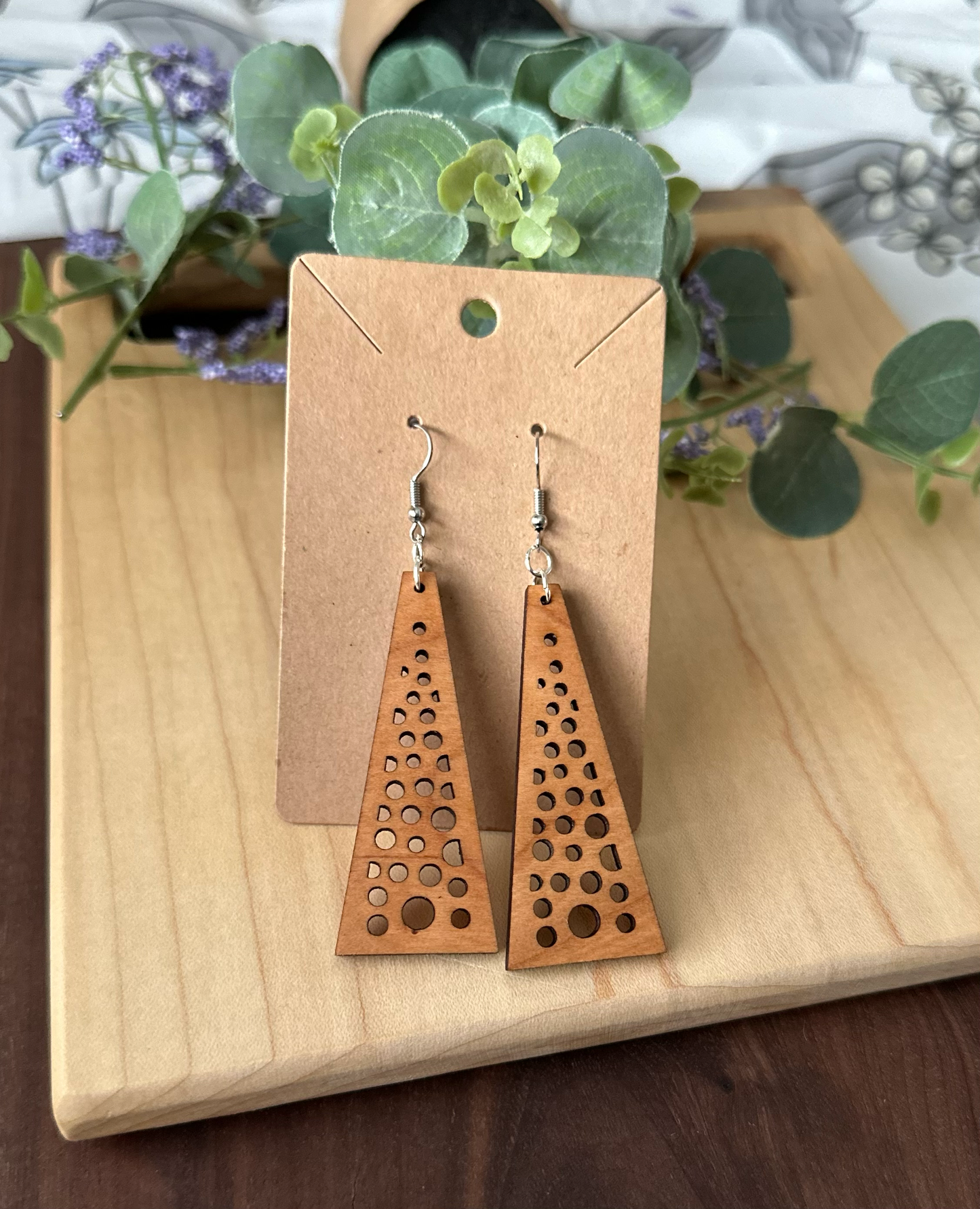 Geometric Triangle Design Wooden Earrings, Walnut and Cherry Wood
