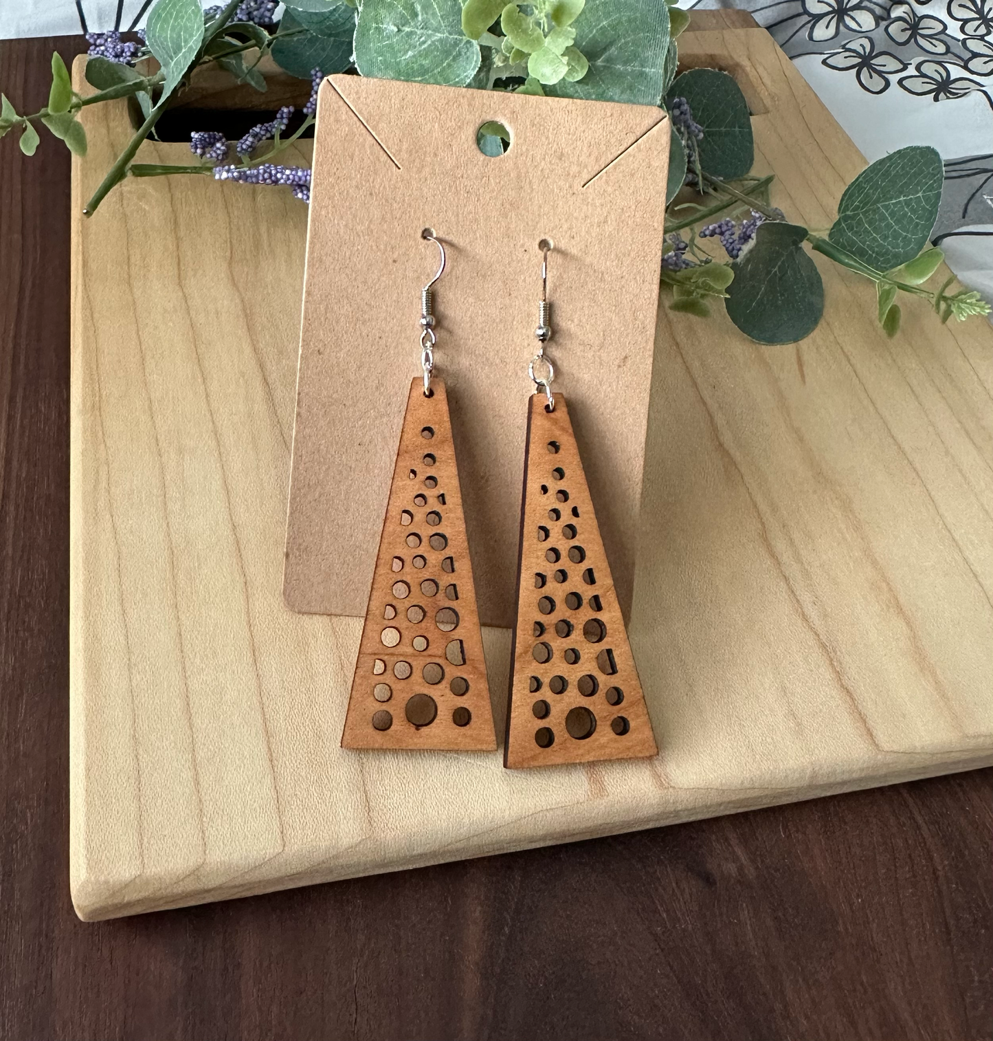 Geometric Triangle Design Wooden Earrings, Walnut and Cherry Wood