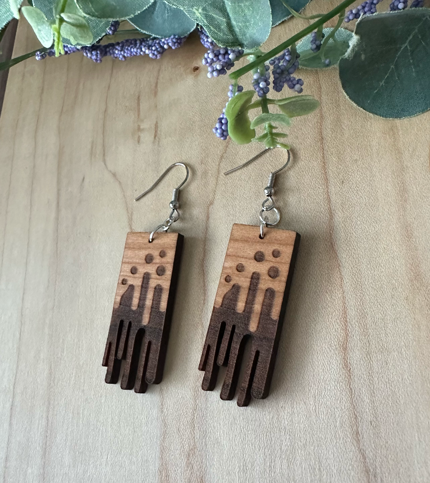Paint Drip Design Wooden Earrings, Cherry Earrings