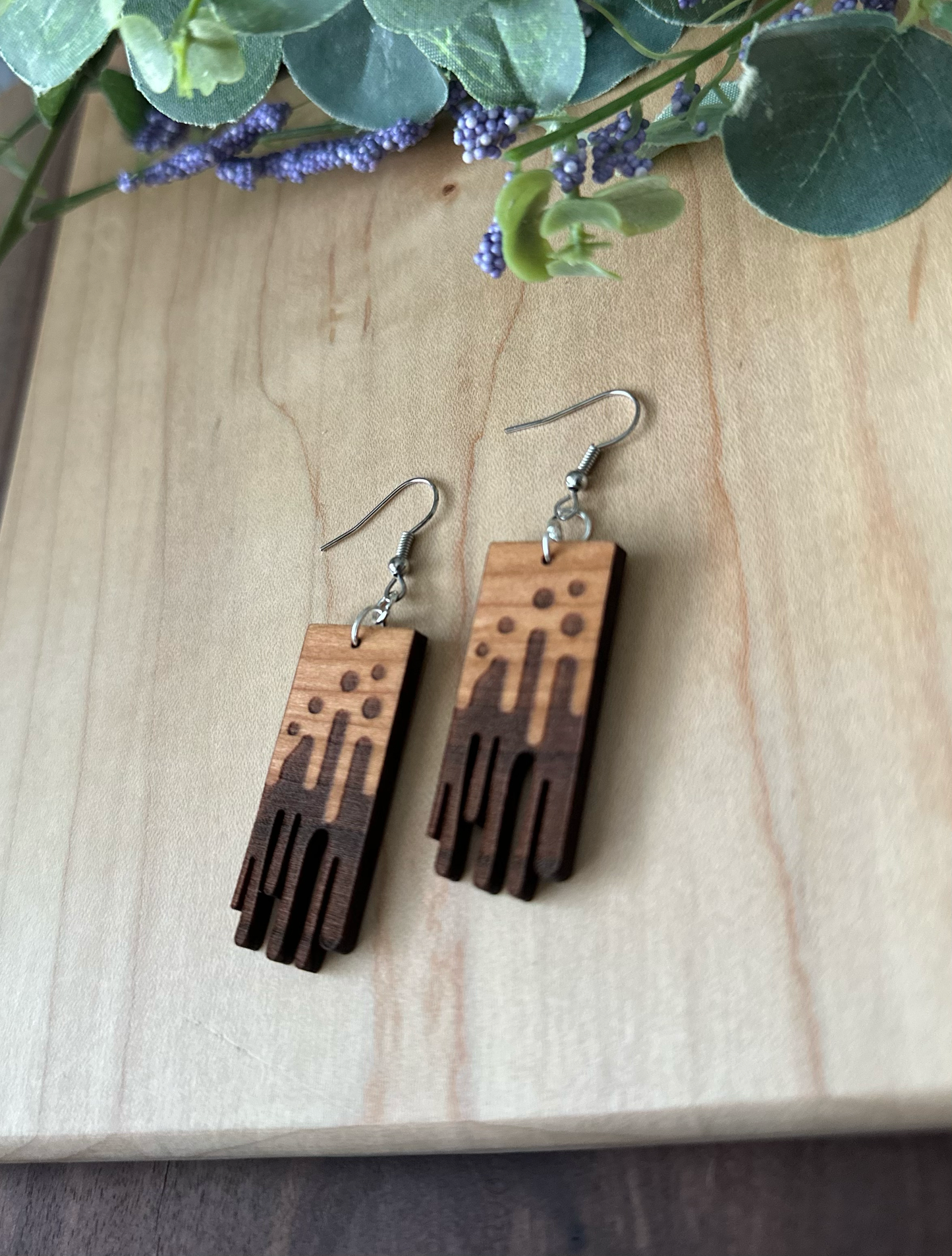 Paint Drip Design Wooden Earrings, Cherry Earrings