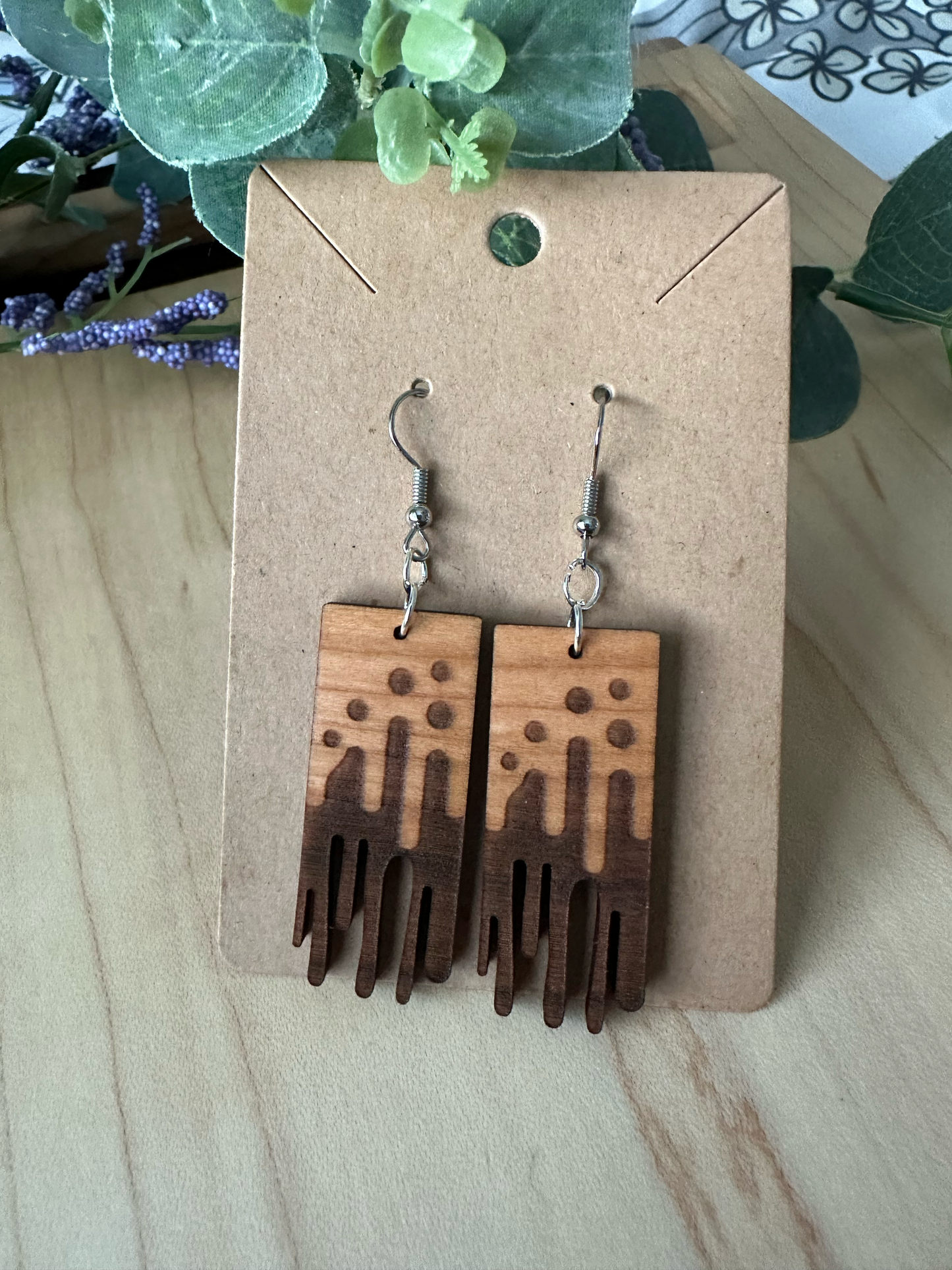 Paint Drip Design Wooden Earrings, Cherry Earrings
