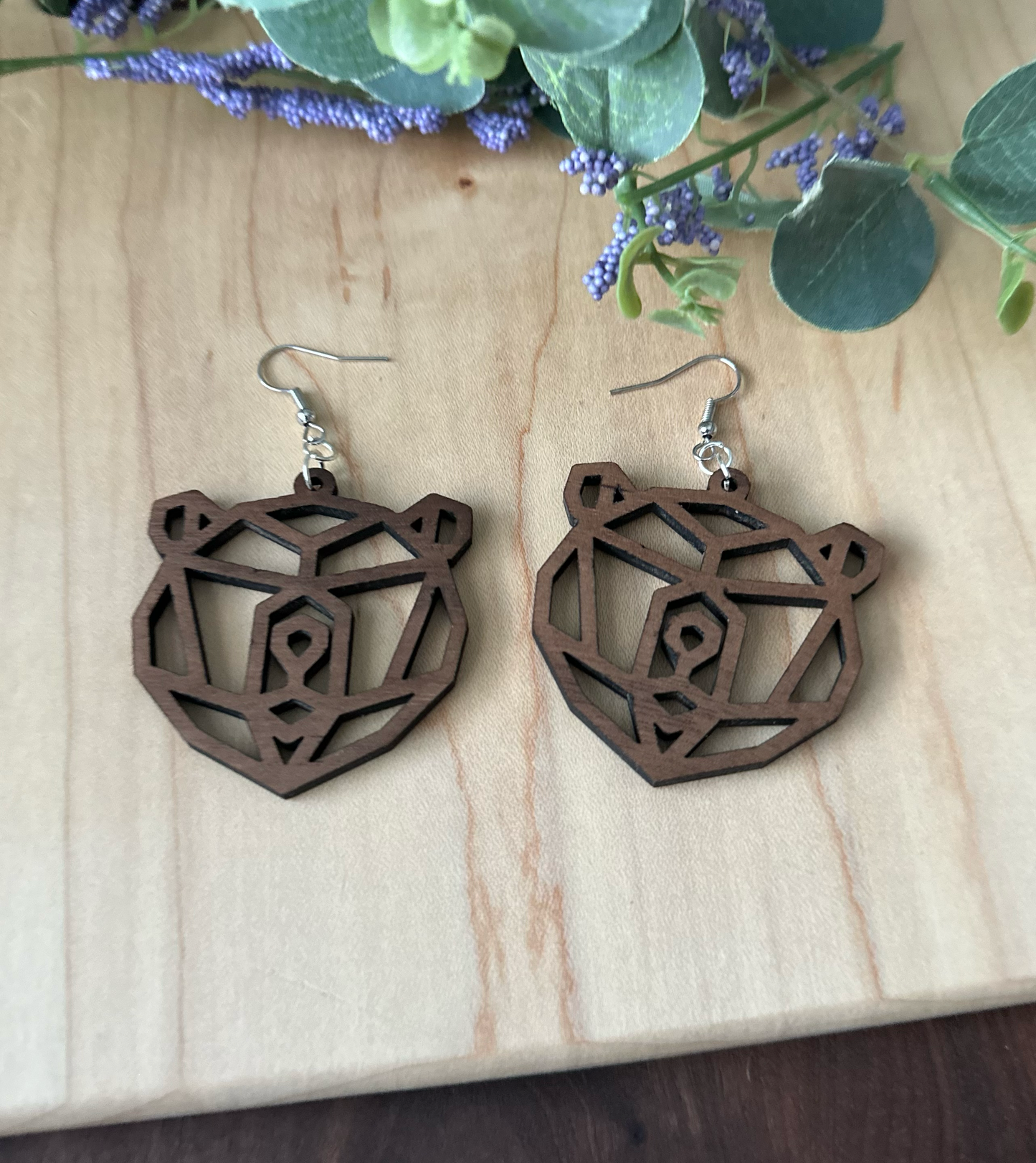 Geometric Wood Bear Earrings