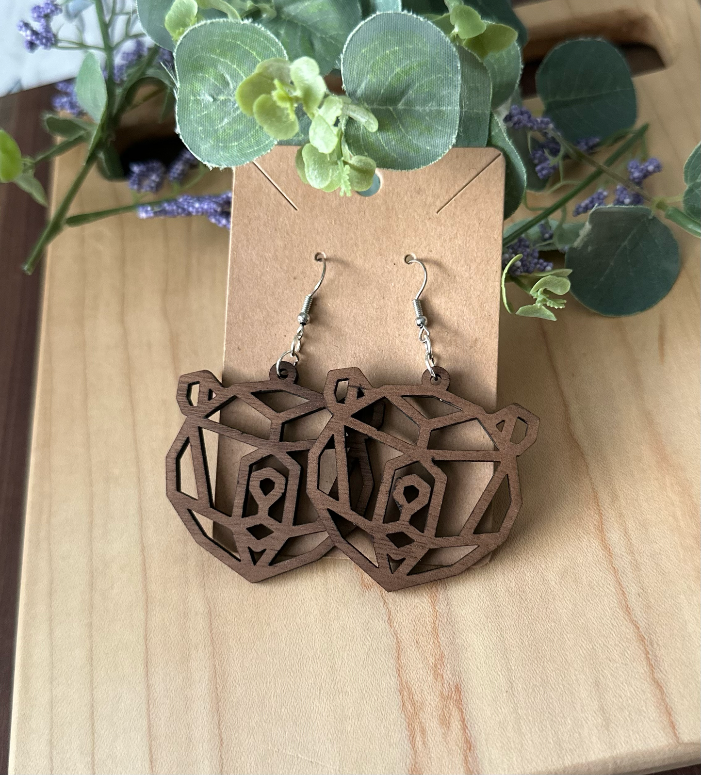 Geometric Wood Bear Earrings