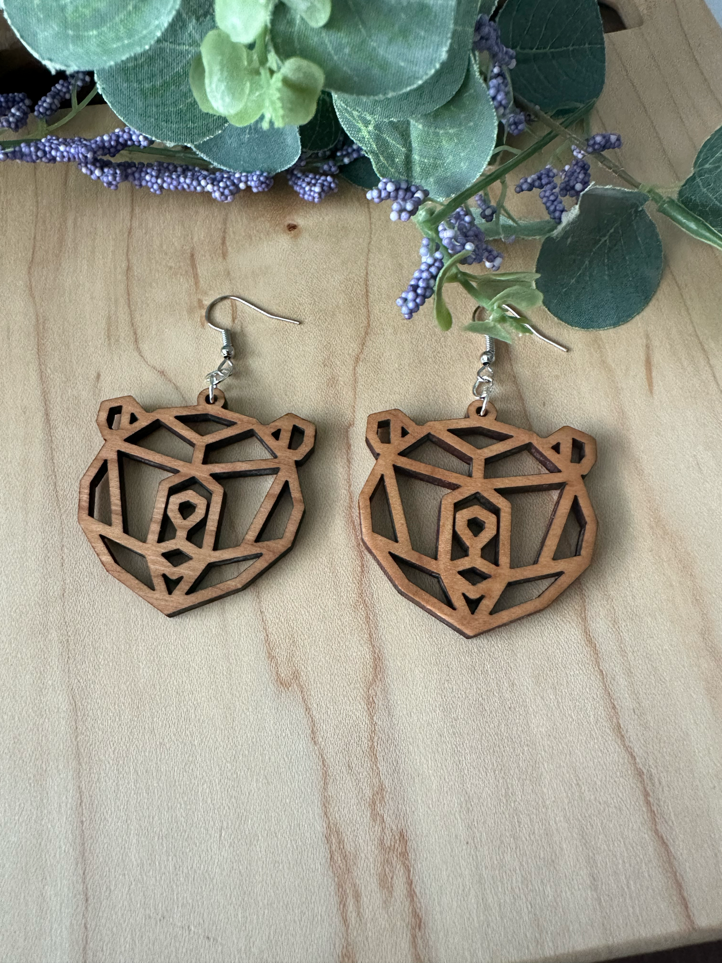 Geometric Wood Bear Earrings