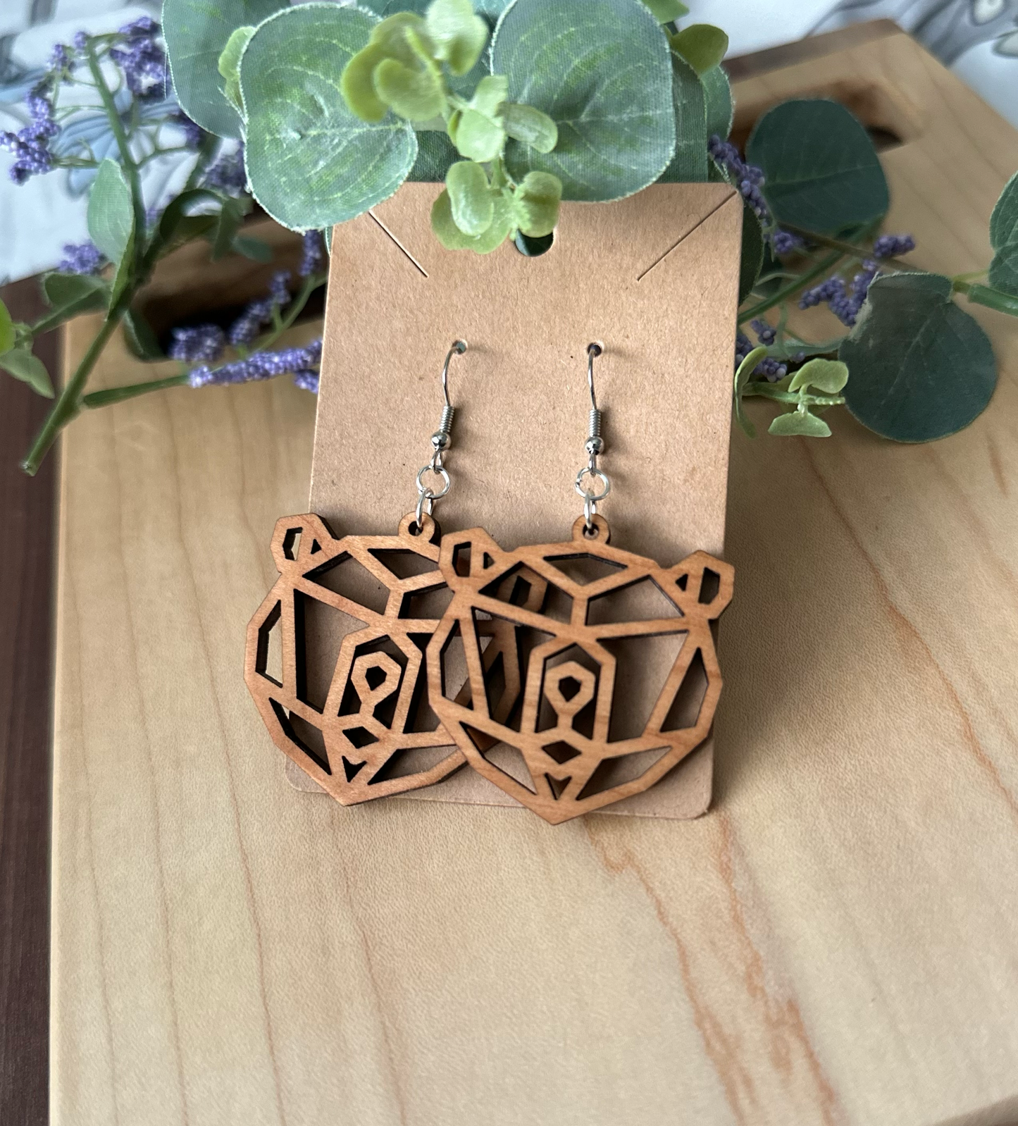 Geometric Wood Bear Earrings