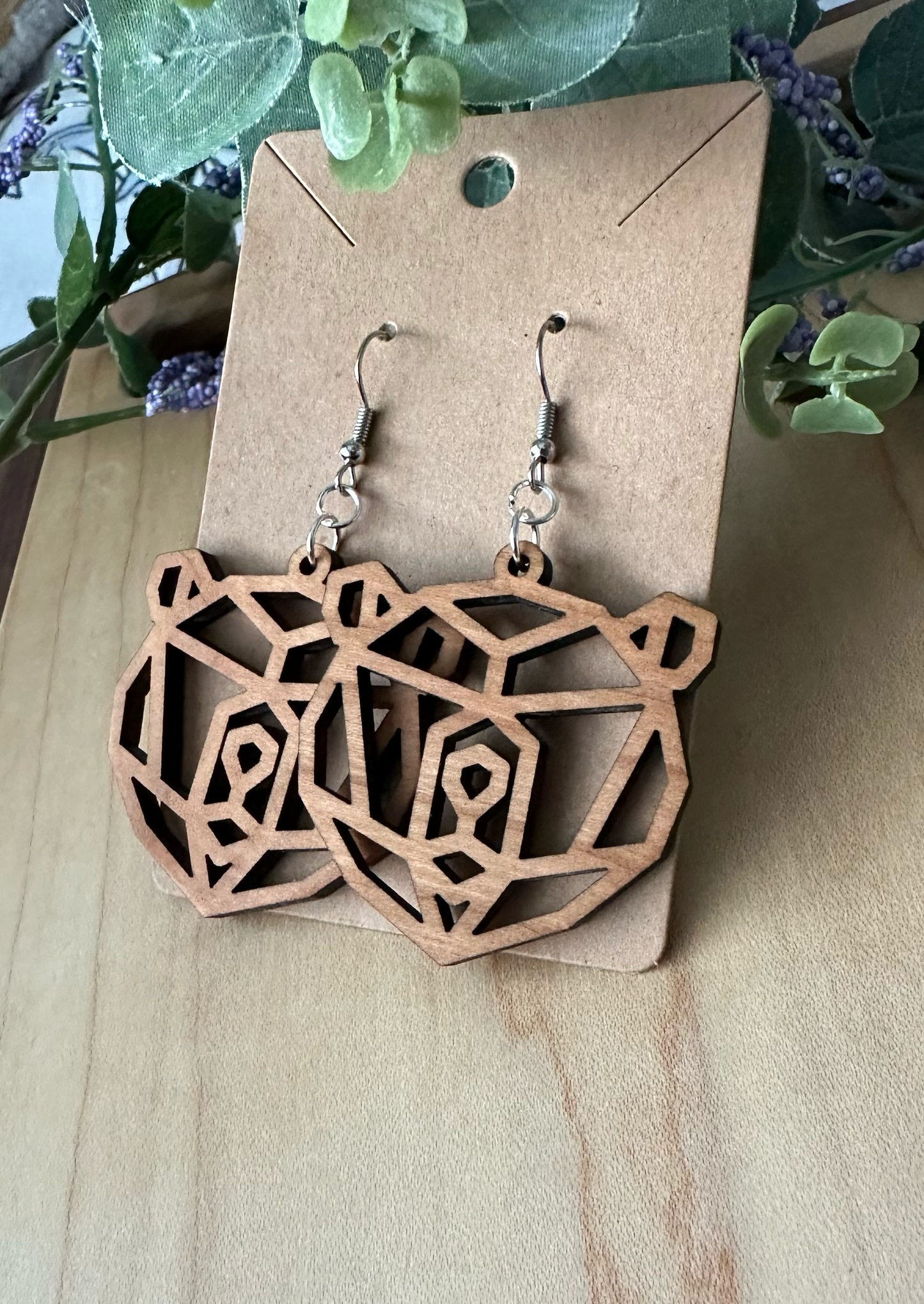 Geometric Wood Bear Earrings