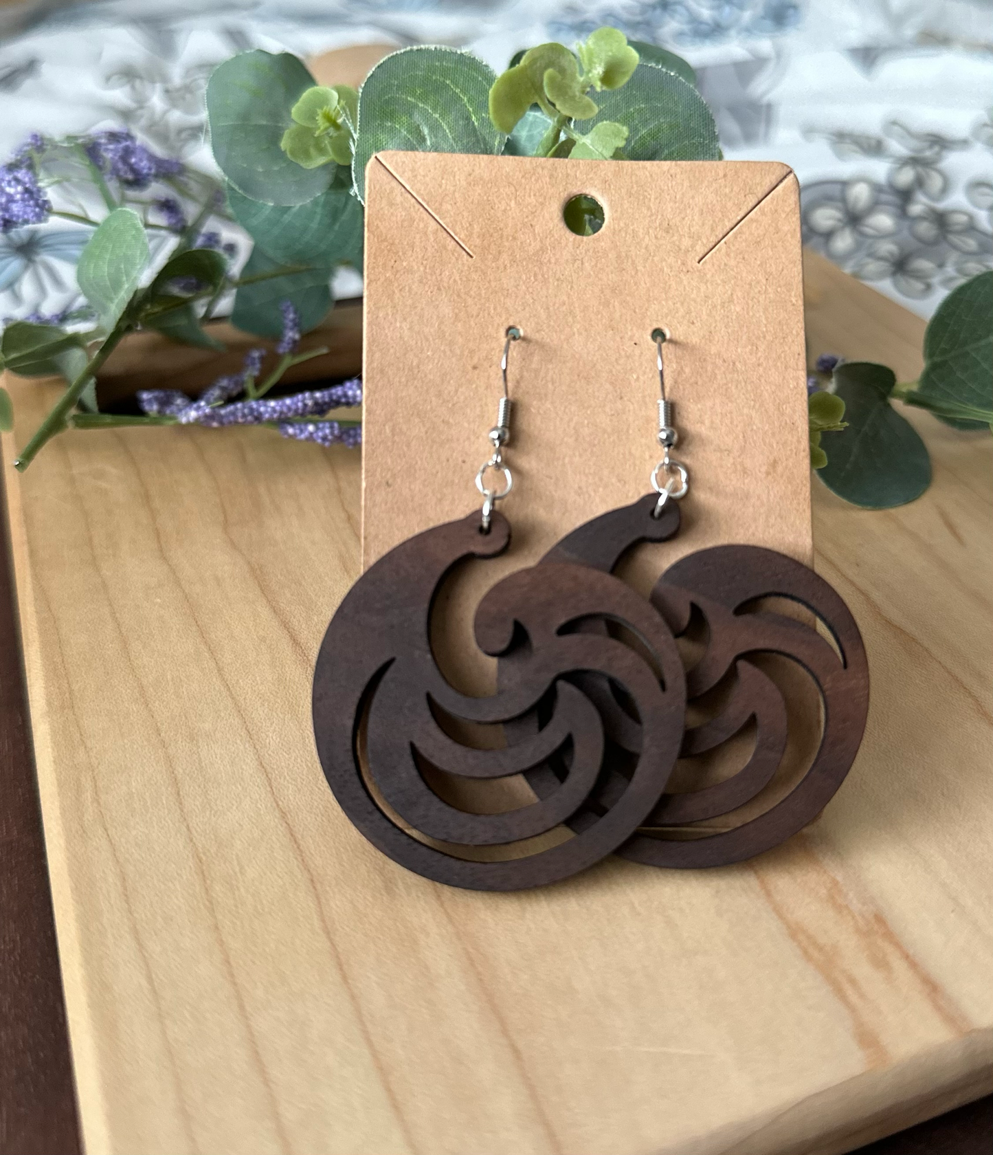Modern Swirl Shell Shape Wooden Earrings, Cherry and Walnut Wood Earrings