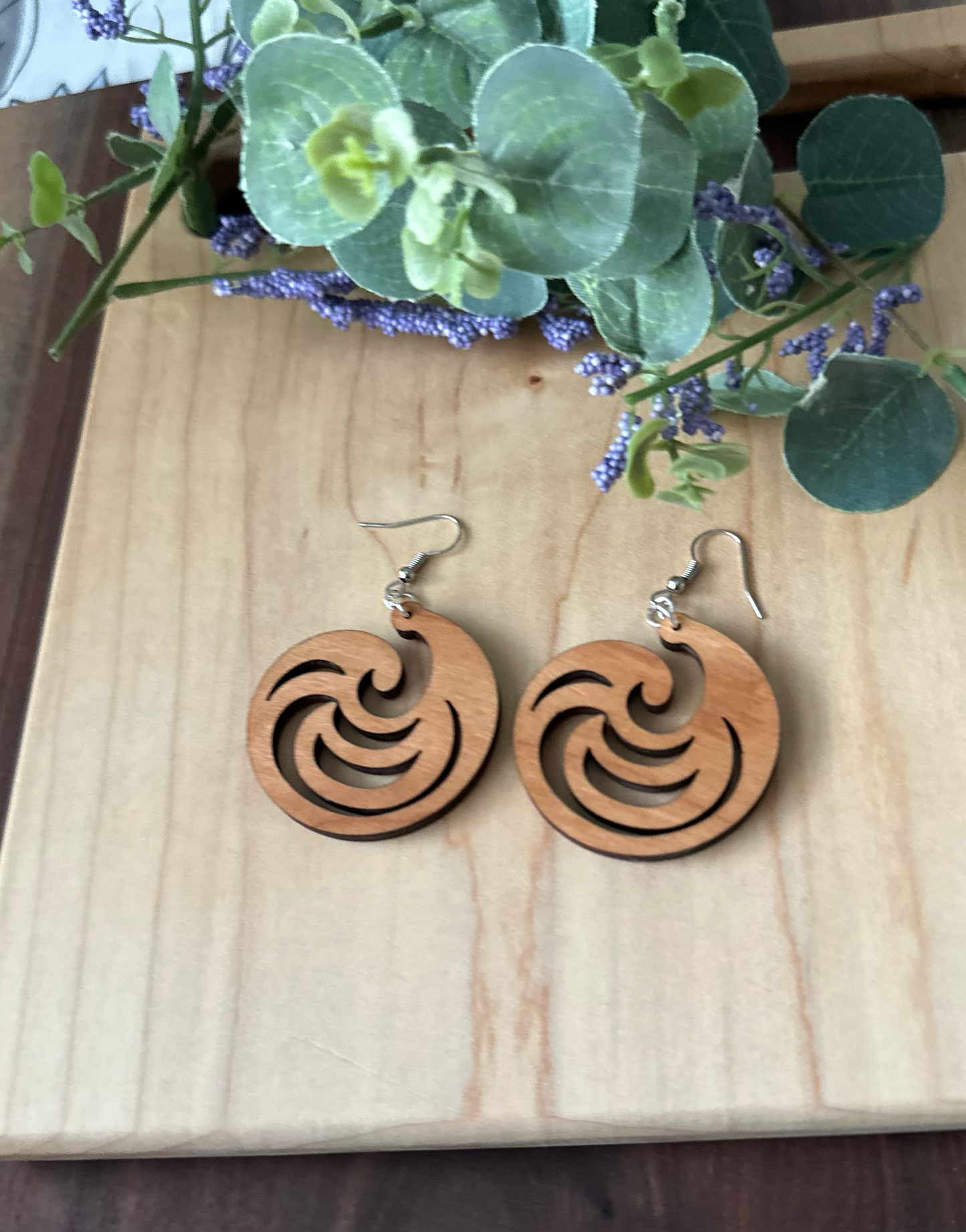 Modern Swirl Shell Shape Wooden Earrings, Cherry and Walnut Wood Earrings