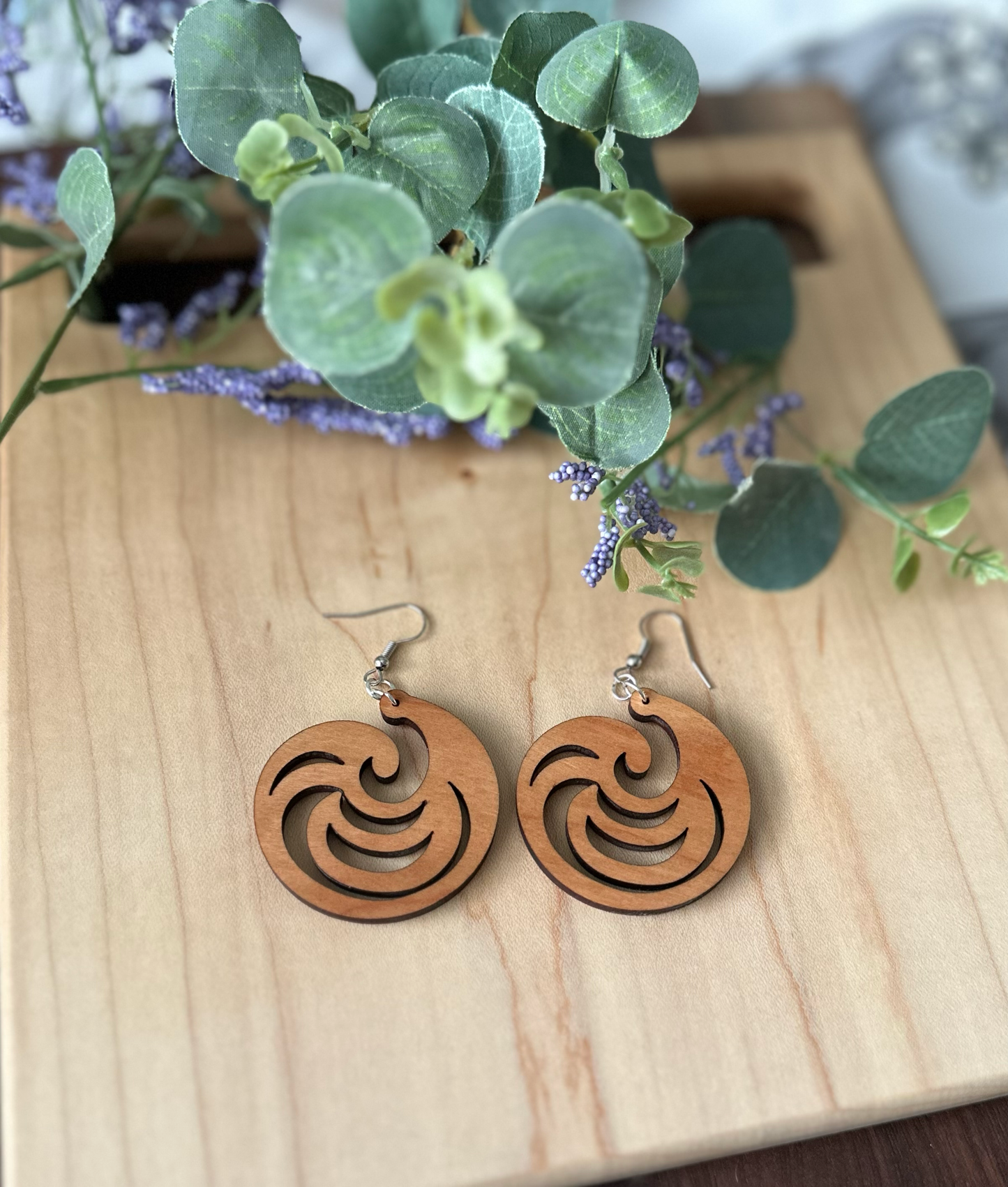 Modern Swirl Shell Shape Wooden Earrings, Cherry and Walnut Wood Earrings