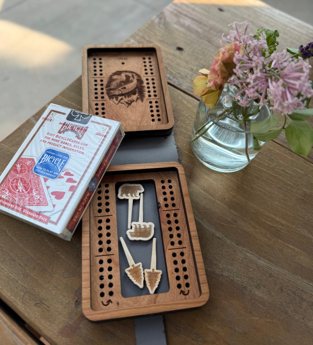 Folding Travel Cribbage Board with Card Storage