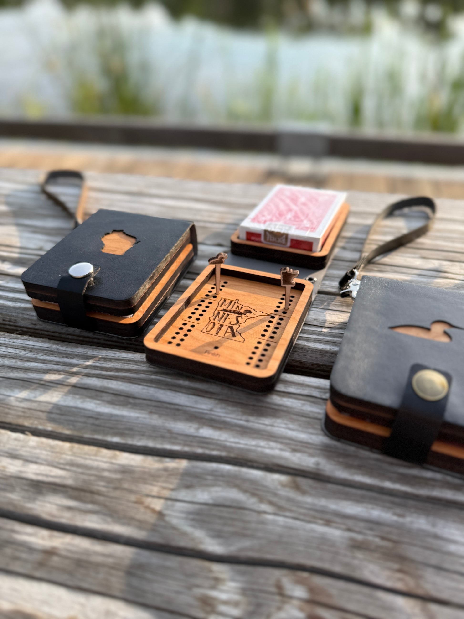 Travel Cribbage Board with Wristlet Strap and Card Storage | Custom Travel Cribbage Board