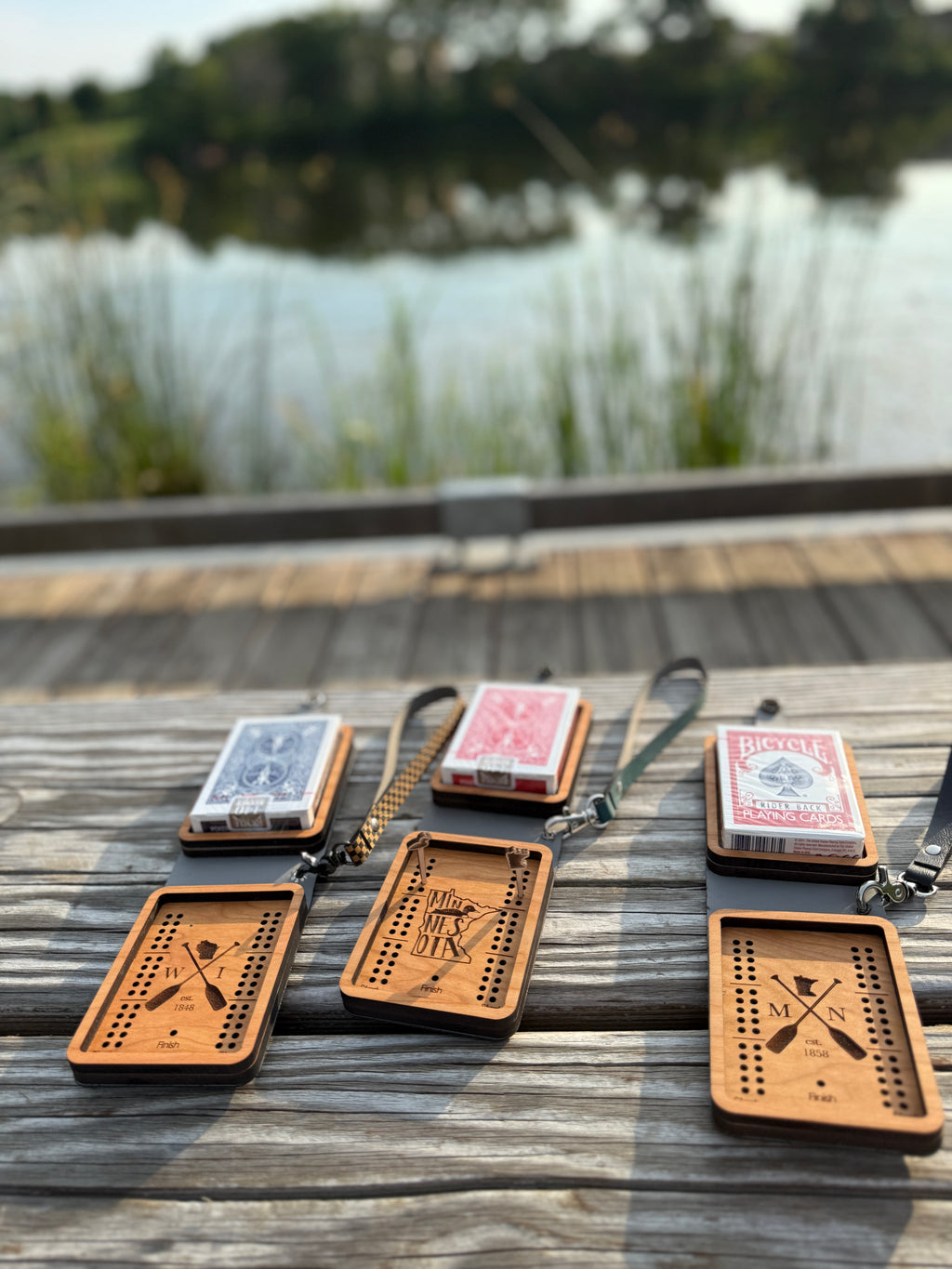 Travel Cribbage Board with Wristlet Strap and Card Storage | Custom Travel Cribbage Board