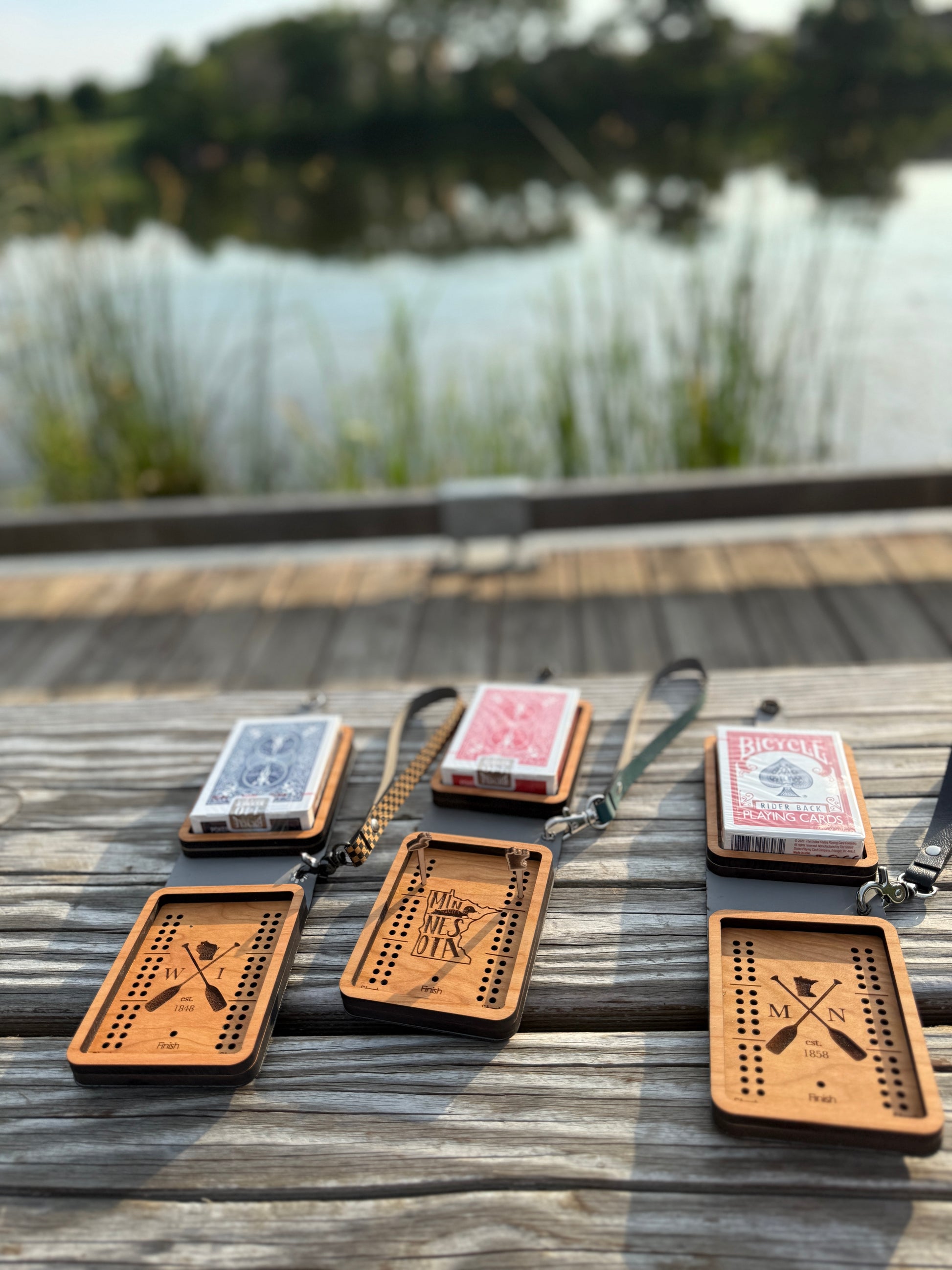 Travel Cribbage Board with Wristlet Strap and Card Storage | Custom Travel Cribbage Board