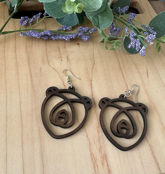Wooden Bear Line Art Earrings, Walnut and Cherry Wooden Earrings