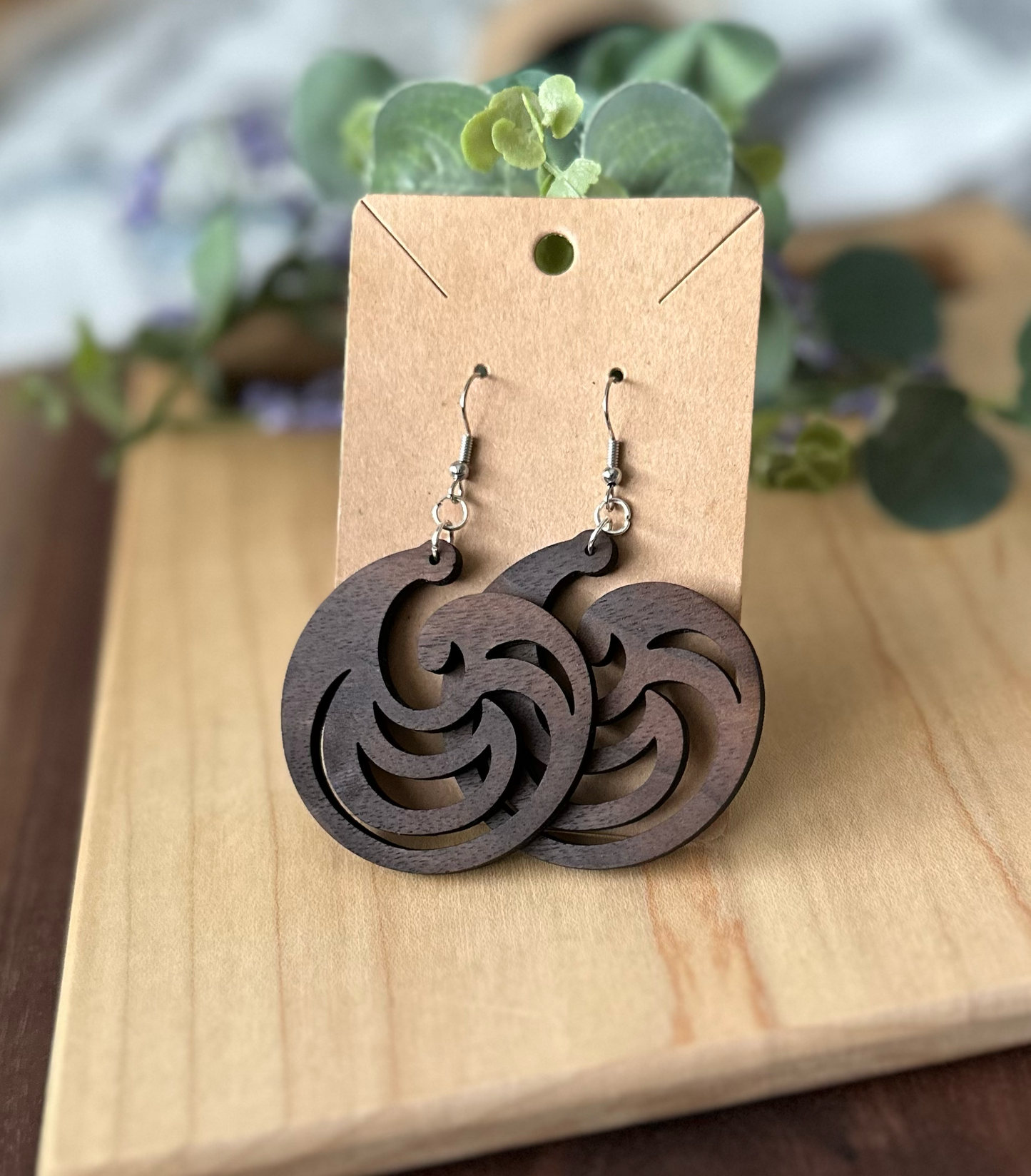 Modern Swirl Shell Shape Wooden Earrings, Cherry and Walnut Wood Earrings