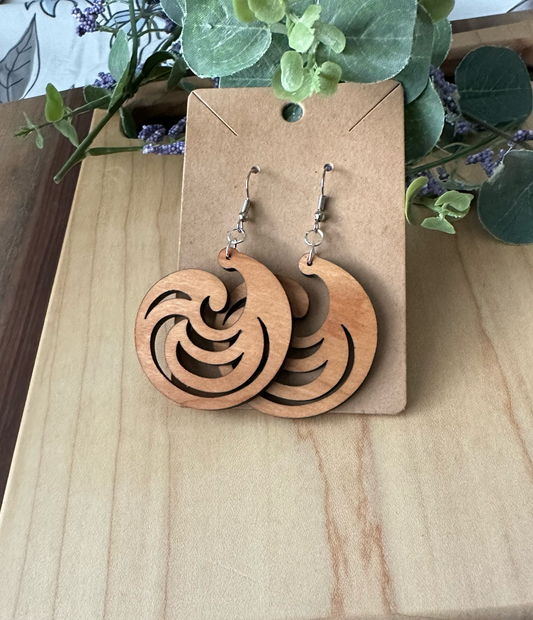 Modern Swirl Shell Shape Wooden Earrings, Cherry and Walnut Wood Earrings