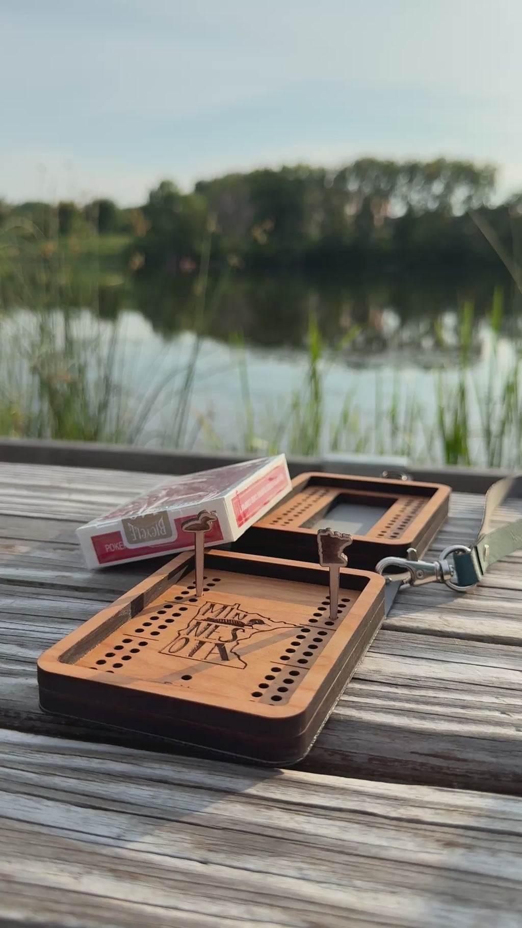 Travel Cribbage Board with Wristlet Strap and Card Storage | Custom Travel Cribbage Board